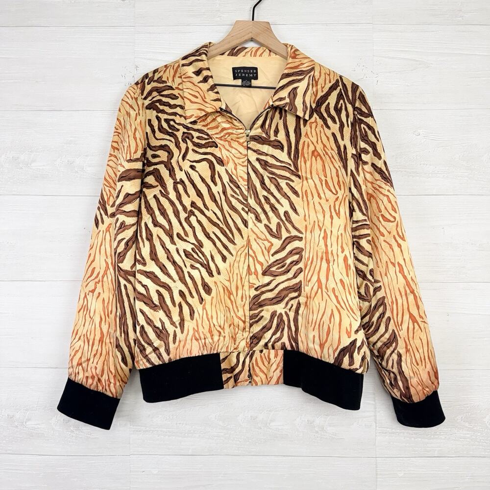 Vtg Spenser Jeremy 100% Silk Bomber Jacket Womens L Full Zip Animal‎ Print Retro